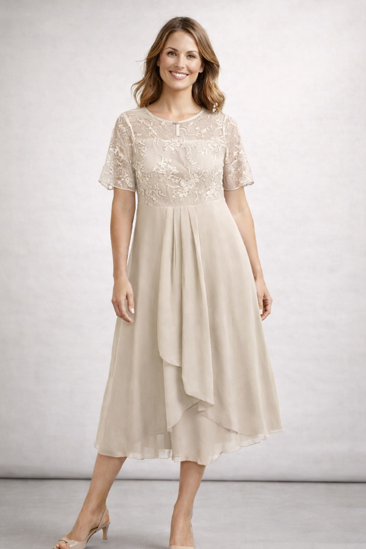 Elegant Lace & Chiffon Short Sleeve Women's Midi Dress