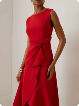 Red Round-Neck Women's Midi Dress for Homecoming