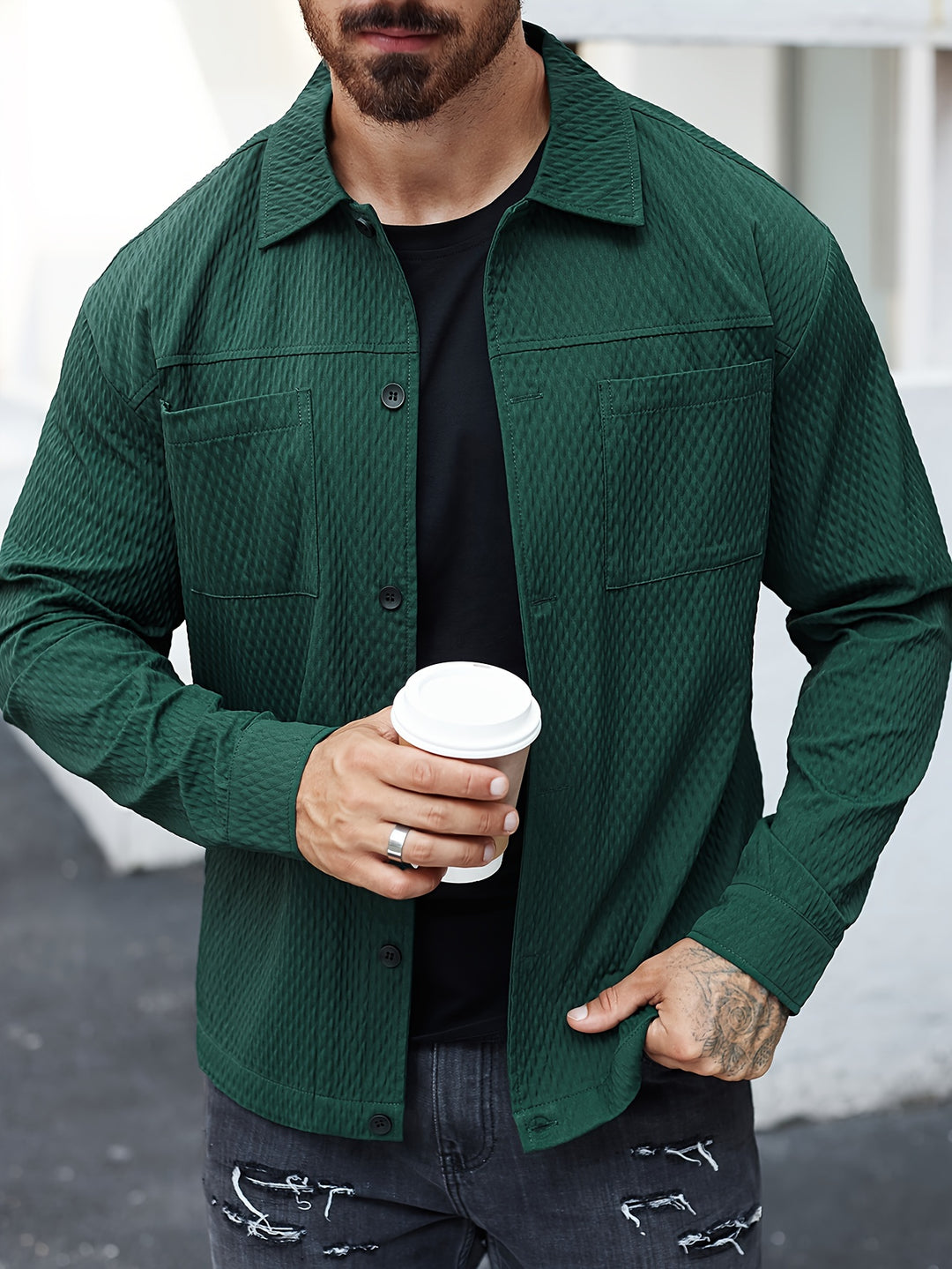 Men's Solid Color Textured Long Sleeve Shirt