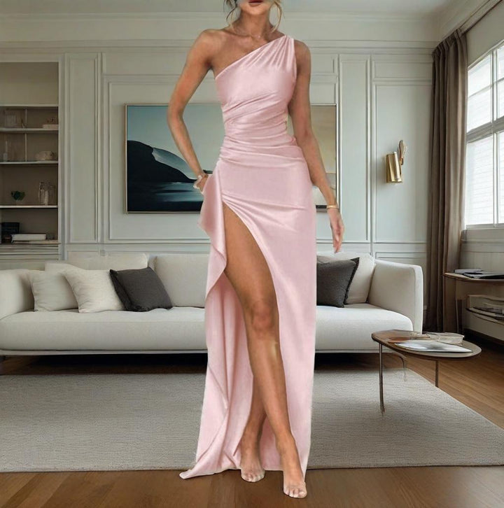 Satin One-Shoulder Slit Women's Midi Dress for Homecoming